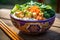 a whimsically decorated rice bowl with veggies and tofu