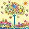 Whimsy spring background with tree, mushrooms and butterflies