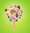 Whipped chantilly cream lolipop concept. Round whipped milk shake cream like lollipop with candy, sweets and candy on