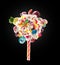 Whipped chantilly cream lolipop concept. Round whipped milk shake cream like lollipop with candy, sweets and candy on