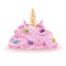 Whipped cream with colourful realistic pearls dragees and unicorn horn, candle. Detailed 3d Isolated On White. Design Element For