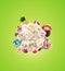 Whipped round cream with colored sweets, jelly and candies isolated. Sweet life concept. Sweet dessert - whipped milk