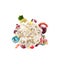 Whipped round cream with colored sweets, jelly and candies isolated. Sweet life concept. Sweet dessert - whipped milk