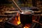 whisk stirring hot chocolate in a pot over open fire