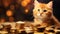 Whiskers of Wealth: A Stack of Gold Coins Amidst a Blurry Cat Background