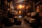 whiskey barrels in a dimly-lit cellar