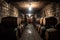 whiskey barrels in a dimly-lit cellar