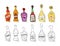 Whiskey, beer, liquor, red wine, champagne, tequila bottle on white background. Two kinds beverage. Cartoon sketch. Doodle style