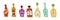 Whiskey, beer, liquor, rum, champagne, vermouth, tequila with smile on white background. Cartoon sketch graphic design. Doodle