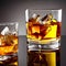 whiskey on clear glass and bottle also diced ice alcohol drawing. picture beverage illustration for background