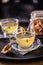 Whiskey drink Hot Teddy with dried pears. Mulled wine flavored with cloves and orange peel