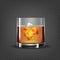 Whiskey glass. Bourbon with ice cubes. Whisky classic serving. Transparent glassware. Scotch amber drink in bar. Liquid