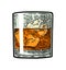 Whiskey glass with ice cubes. Vector vintage color engraving