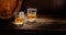 Whiskey glasses stand on a wooden table next to a wooden barrel, still life in the distillery