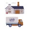 Whiskey House or Factory Facade with himney and Truck Vector Set