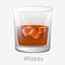 Whiskey ice glass. Scotch dark orange colour ice cubes.