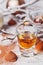 Whiskey or liqueur, truffle chocolate candies in cocoa powder an