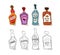 Whiskey, liquor, martini, rum bottle on white background. Two kinds beverage. Cartoon sketch. Doodle style with black contour line