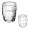 Whiskey making from grain to bottle. An oak cusk for aging whisky. Black and white ink style drawing isolated on white