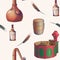 Whiskey making process from grain to bottle. Pieces of equipment. Seamless Pattern