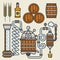 Whiskey production line or whisky making elements vector icons