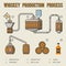 Whiskey production process. Distillation and aging whisky infographics