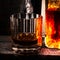 Whiskey Scotch glass and a bottle on old wooden background. Old