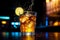 Whiskey splash in a glass on a bar counter in a nightclub. AI generated