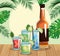 Whisky bottle and tropical cocktails over tropical leaves and retro style background