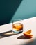 Whisky and fruit juice cocktail sitting on white tabletop over blue background in a minimalism style. Generative AI