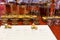 Whisky tasting setup with numbered sampling glasses, beaker and
