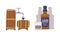 Whisky or Whiskey Poured in Glass with Ice Cube and Stored in Wooden Barrel Vector Set