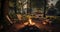 Whispering Woods and Warmth. The Peaceful Interplay of Campfire and Chairs in Nature\\\'s Lap. Generative AI