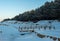 Whispers of Winter: Broken Footbridge, Snowy Shore, and Pine Silhouettes,. Garciema Pludmale, Latvija