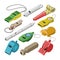 Whistle vector coach whistling sound tool and blowing equipment of referee judging game illustration set of trainer