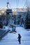 WHISTLER, BC, CANADA - DEC 27, 2020: Blackcomb gondola with skiier walking in front