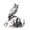 Whistlerian Owl On A Rock: Realistic Perspective Ink Wash Painter Illustration