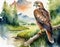 Whistlerian Watercolor Illustration Of Hawk In Idyllic Setting