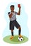 Whistling African American soccer referee showing stopping hand during match, human character vector illustration.