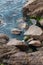 Whit seagull sit on wet rock in small bay