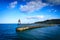 Whitby pier at the harbor entrance at Whitby in North Yorkshire, UK