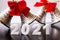 White 2021 Numbers and New Year Bells closeup