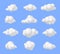 White 3d clouds. Cartoon cloud, sky decorative sign. Air balloons or bubbles, render sphere groups. Heaven fluffy