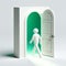 White 3D figure entered through a door into an illuminated room. AI generated