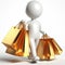 White 3D figure with golden shopping bags