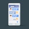 White 3d mobile phone. Message exchange. Flat stylish smartphone. Social network concept. Messenger window. Chating and messaging