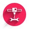 White 3D printer wrench spanner icon isolated with long shadow. 3d printing. Red circle button. Vector