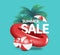 White 3d summer sale promotion text is on red lifebuoy there is coconut tree in back there is an umbrella at top to protect