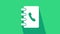 White Address book icon isolated on green background. Notebook, address, contact, directory, phone, telephone book icon