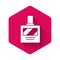 White Aftershave icon isolated with long shadow. Cologne spray icon. Male perfume bottle. Pink hexagon button. Vector